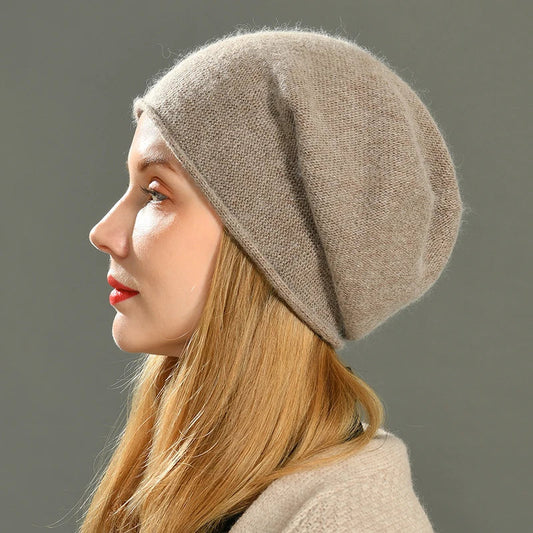 Amara cashmere beanie in taupe, folded cuff knit beanie