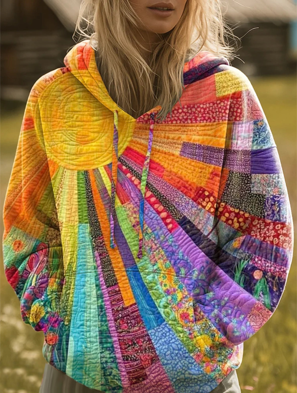 Multicolor patchwork hoodie with drawstring hood and front kangaroo pocket