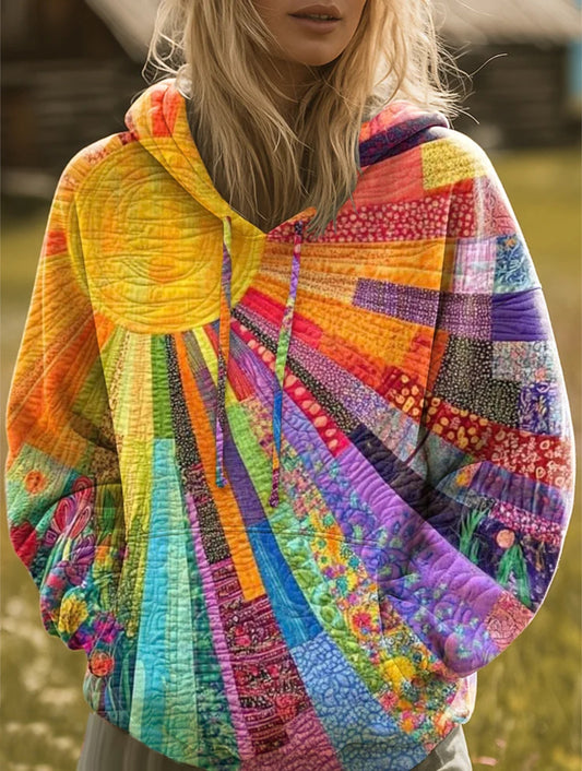 Multicolor patchwork hoodie with drawstring hood and front kangaroo pocket