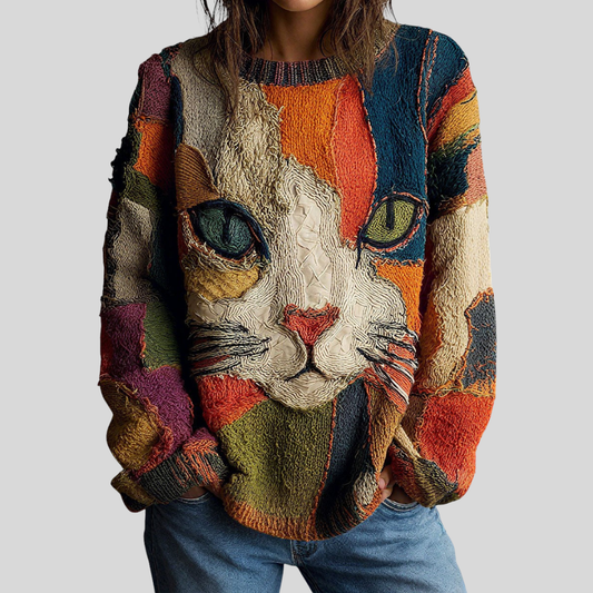 Multicolor cat graphic knit sweater with long sleeves and crew neck