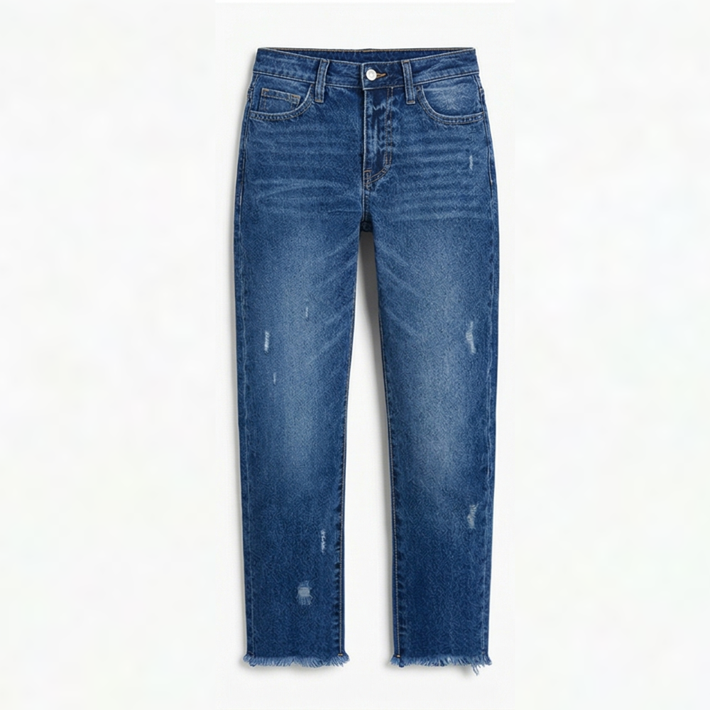 Women's dark blue cropped straight jeans with frayed hem and button fly