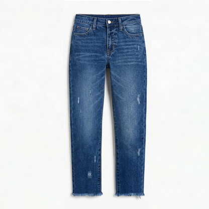 Women's dark blue cropped straight jeans with frayed hem and button fly