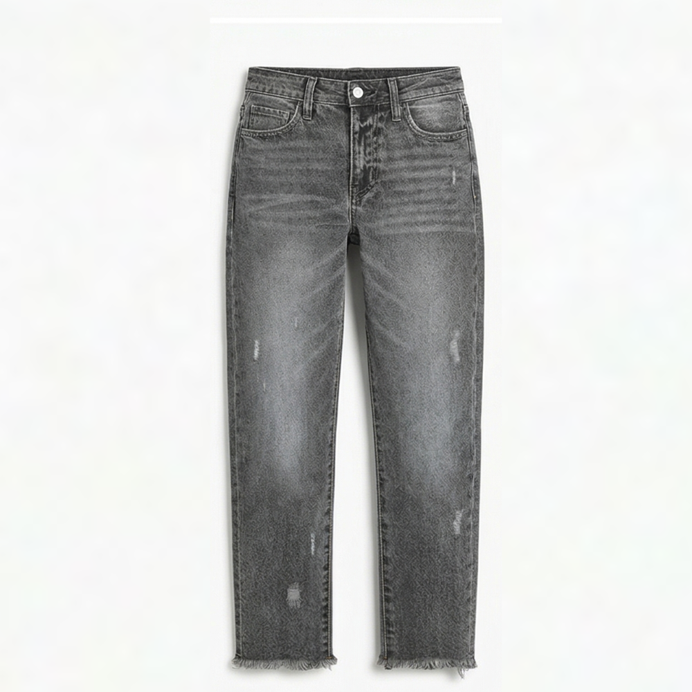 Women's gray cropped straight jeans with frayed hem and button fly