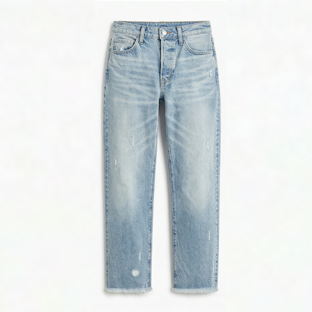 Women's light blue cropped straight jeans with frayed hem and button fly