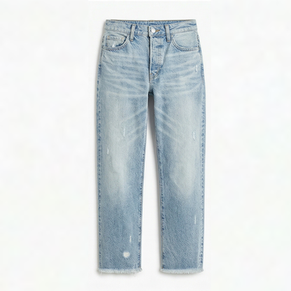 Women's light blue cropped straight jeans with frayed hem and button fly