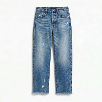 Women's light blue cropped straight jeans with frayed hem and button fly