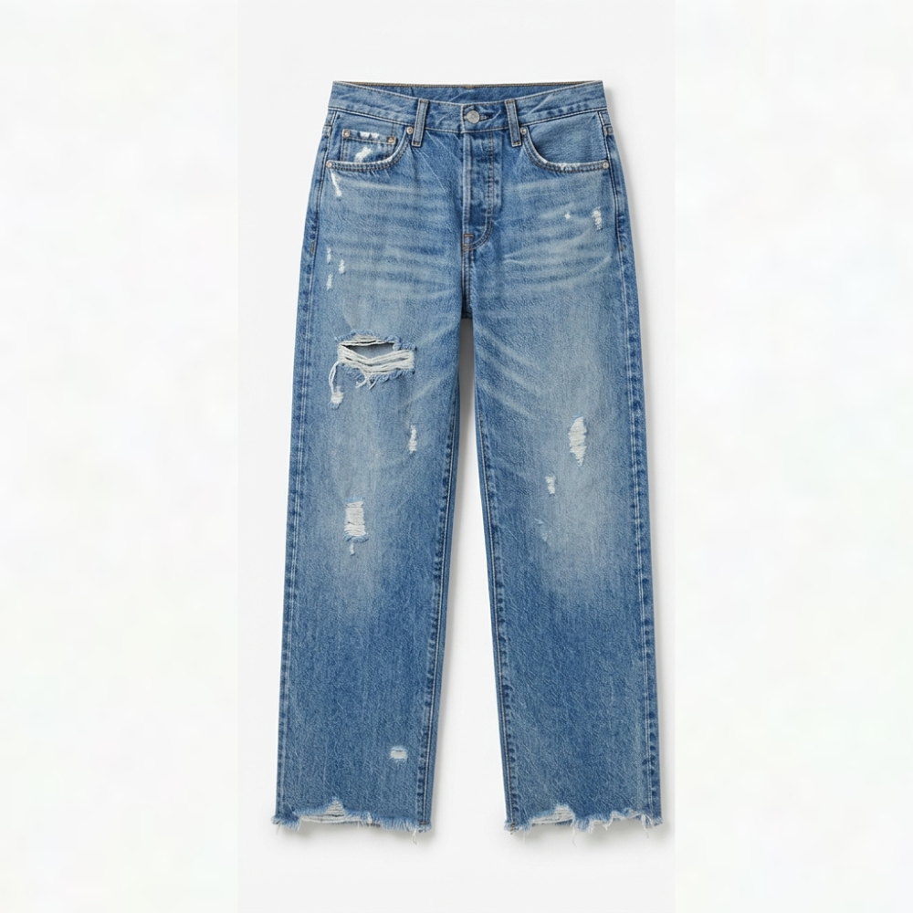 Women's medium blue cropped straight jeans with rips, distressing, and frayed hem