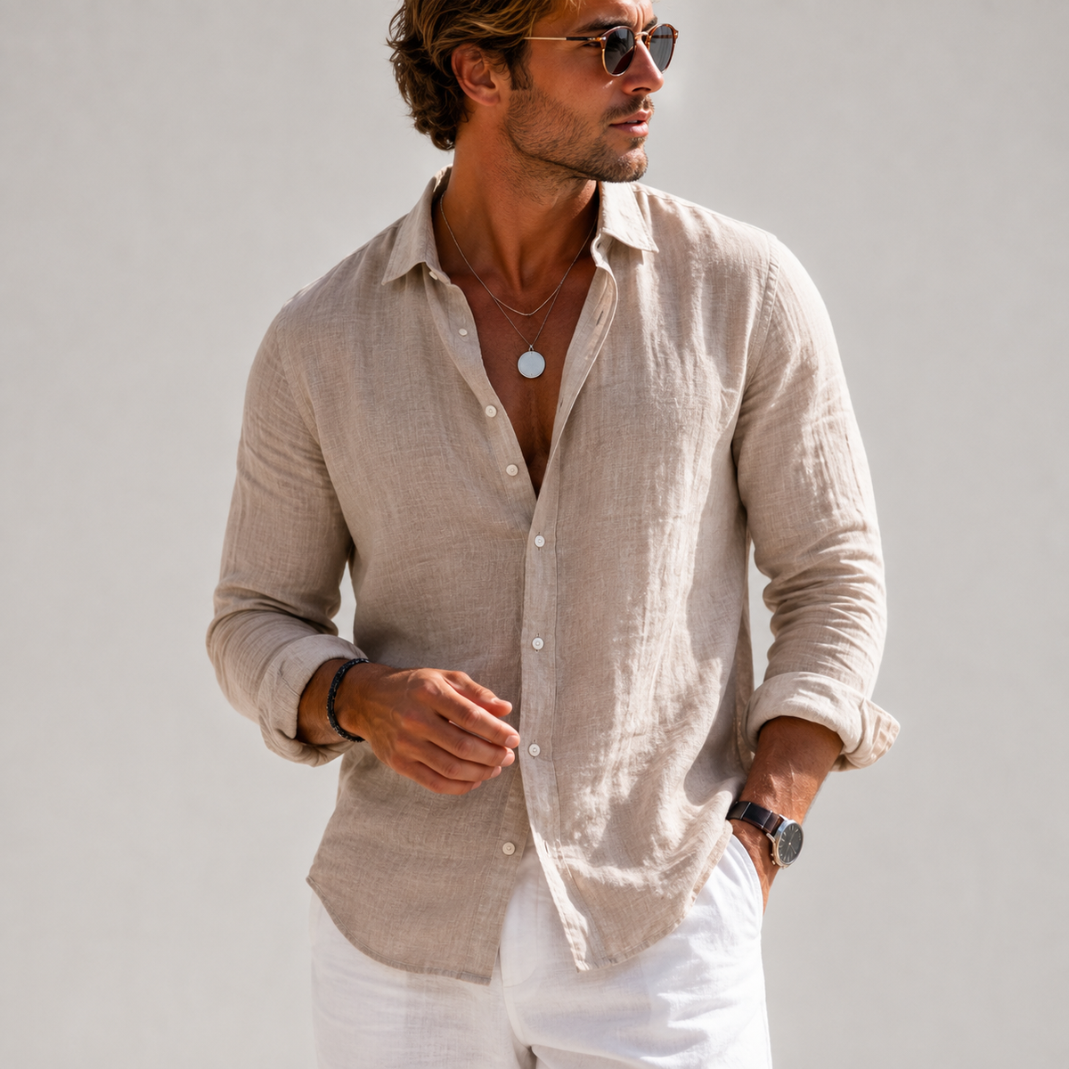 Men's linen long sleeve button-down shirt, beige with chest pockets