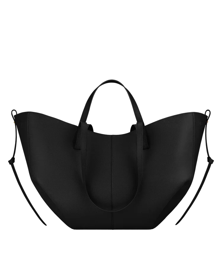 Women's vegan leather tote bag, black with two top handles and side straps