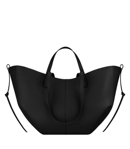 Women's vegan leather tote bag, black with two top handles and side straps