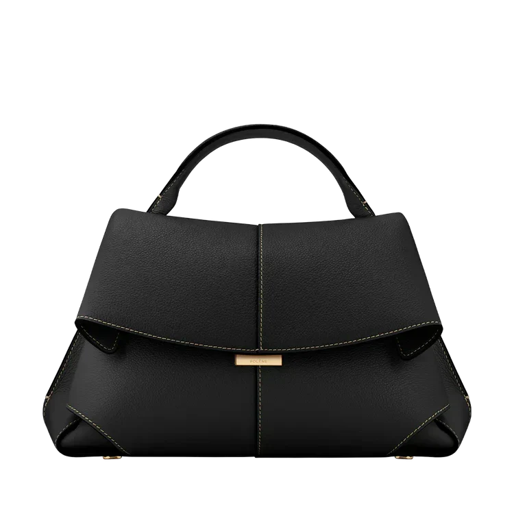 Black vegan leather handbag with short handles and front flap gold clasp
