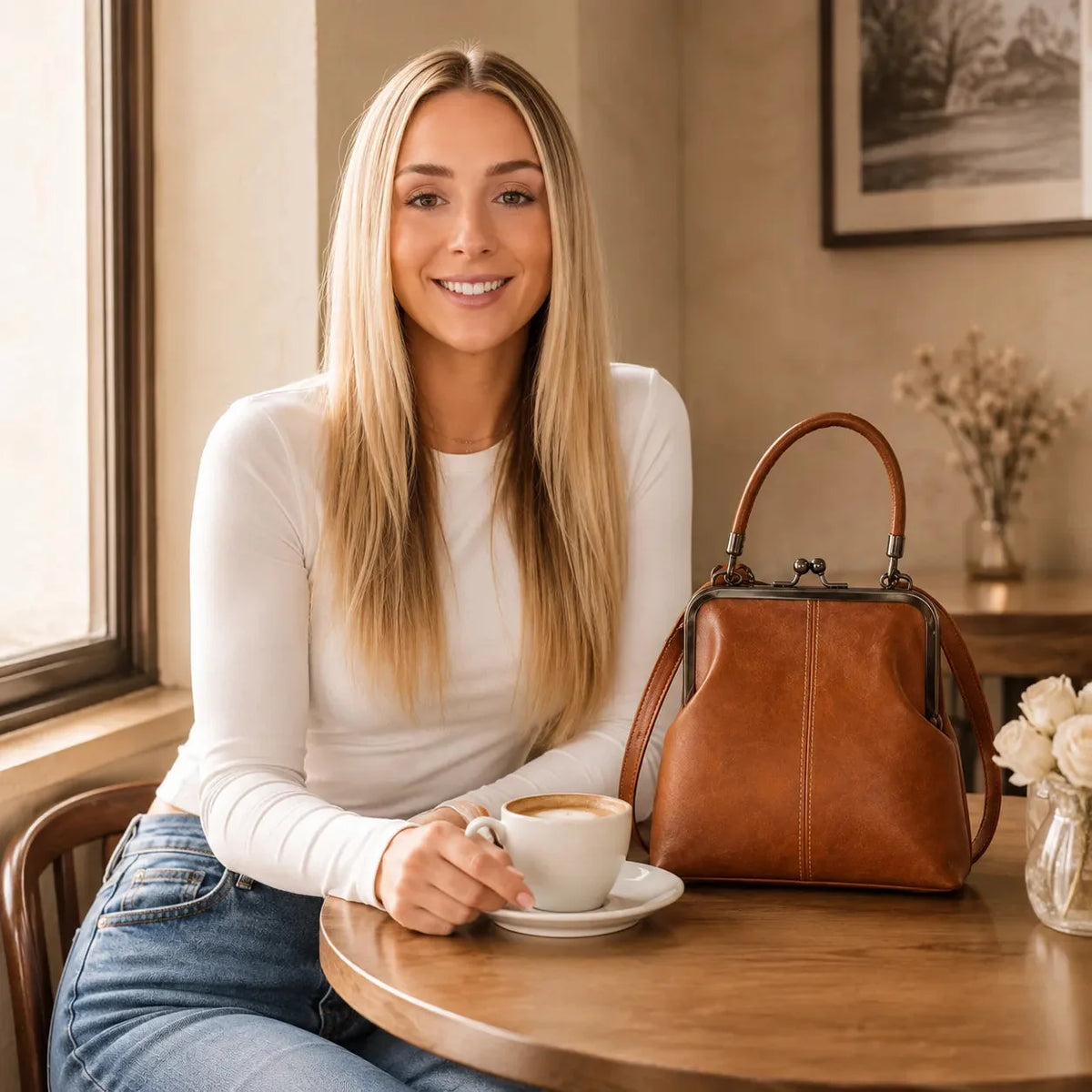 Cognac brown kiss-lock crossbody bag with top handle and curved metal clasp