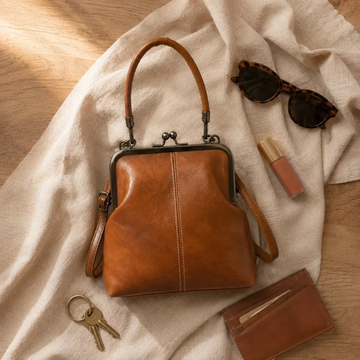 Cognac brown crossbody bag with top handle and kiss-lock metal frame