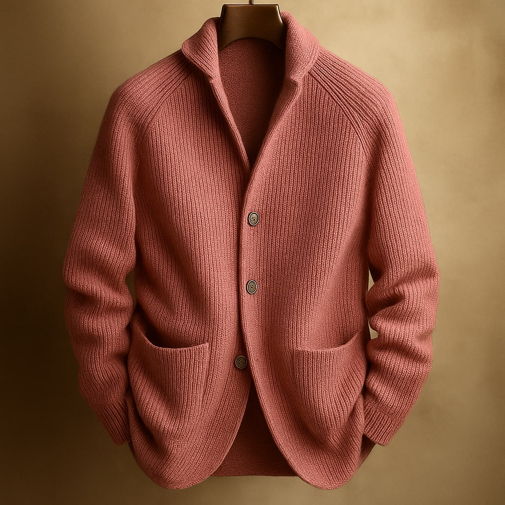 Men's ribbed wool cardigan, pink, button-front closure and patch pockets.