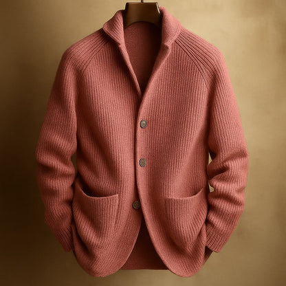 Men's ribbed wool cardigan, pink, button-front closure and patch pockets.