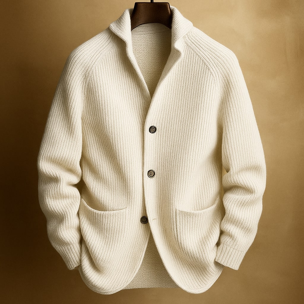 Men's ribbed wool cardigan, white, button-front with two side pockets.