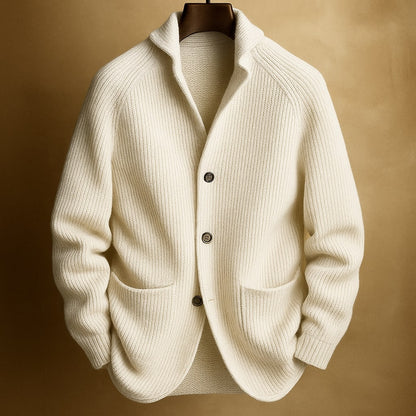 Men's ribbed wool cardigan, white, button-front with two side pockets.
