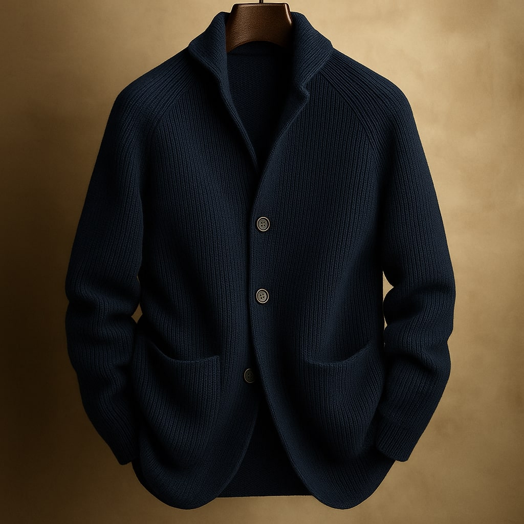 Men's ribbed wool cardigan, dark blue, button-front with two side pockets.