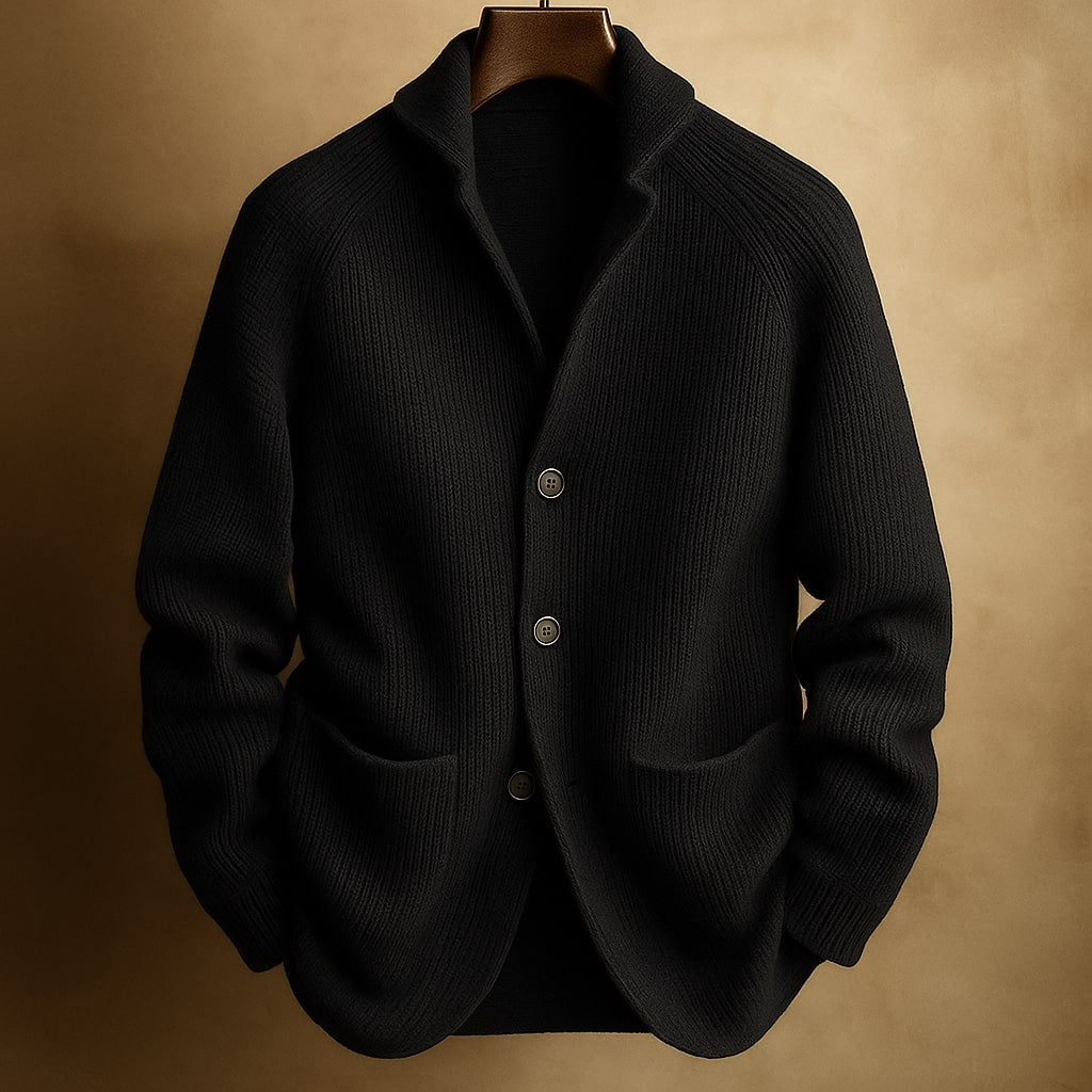 Men's ribbed wool cardigan, black, button-front closure and two patch pockets.