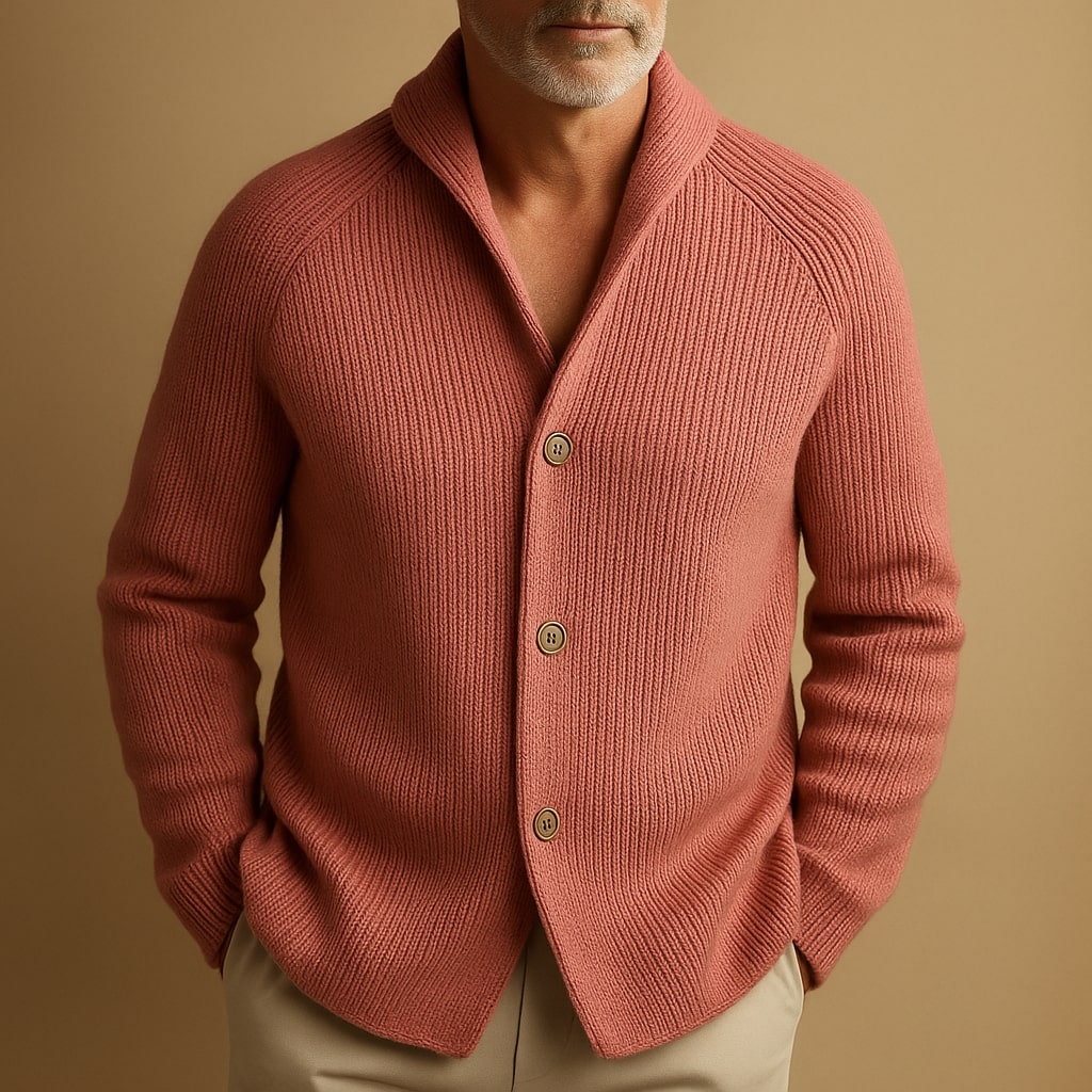 Men's ribbed wool cardigan, pink, button-front with two front pockets.