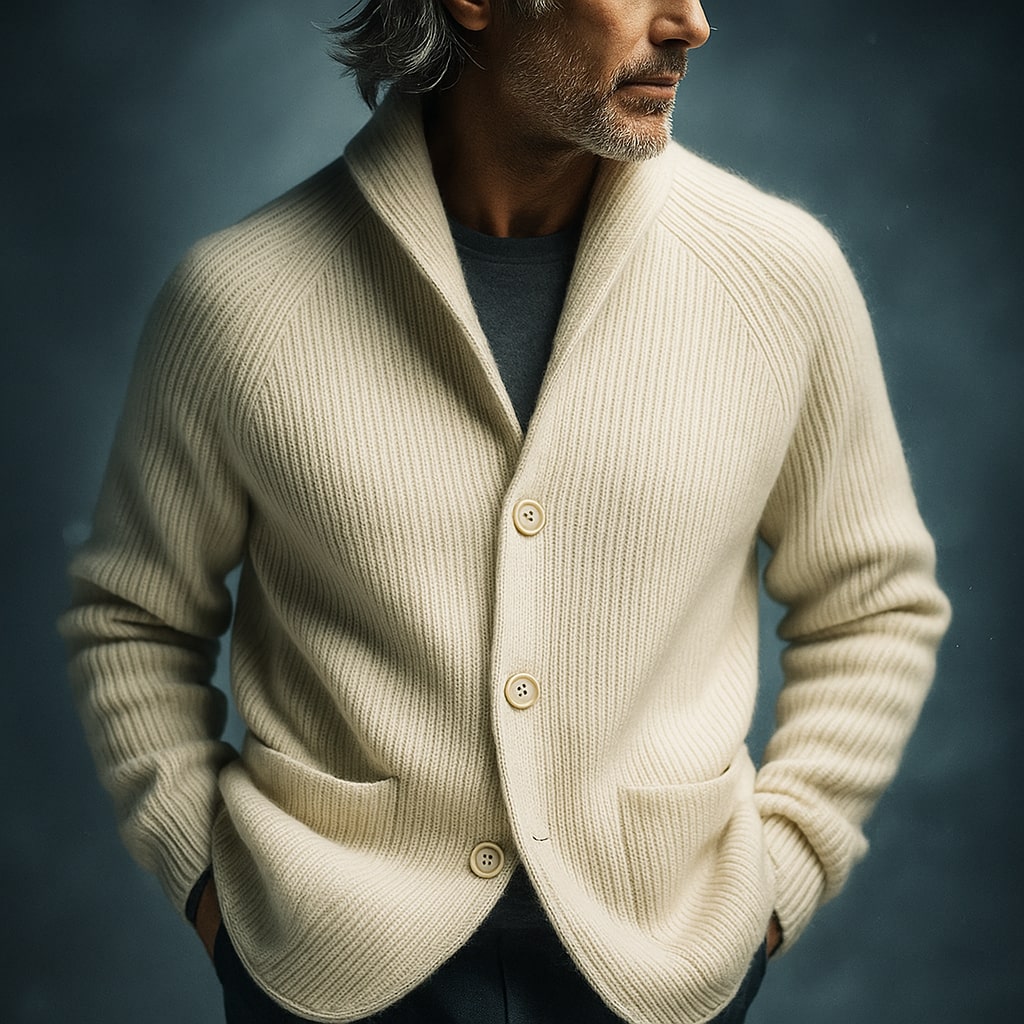 Men's ribbed wool cardigan, white, button-front and patch pockets.