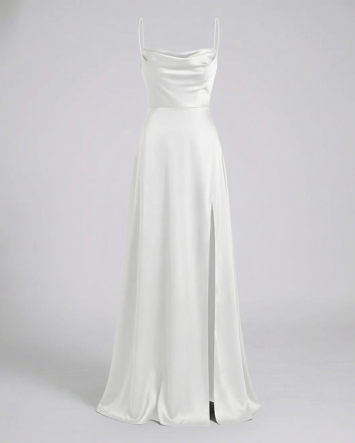 White satin maxi dress with spaghetti straps and long split hem