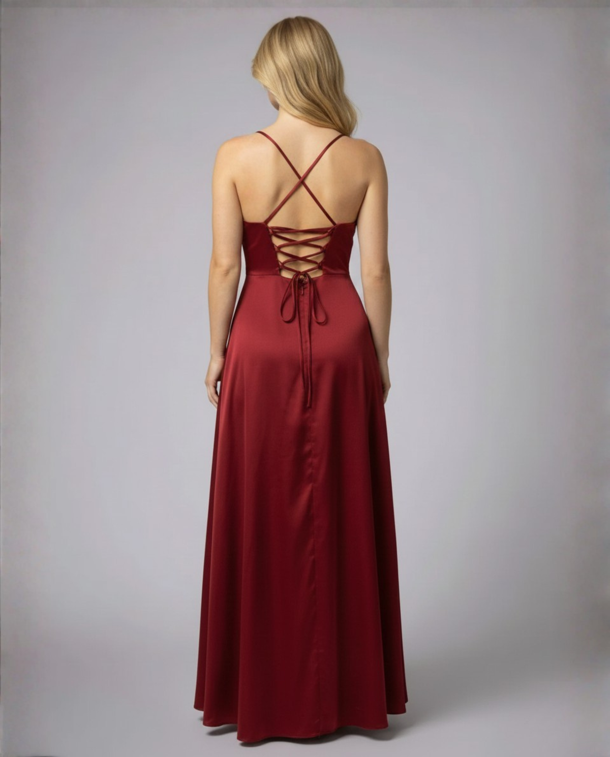 Red satin maxi dress with crisscross open back and split hem