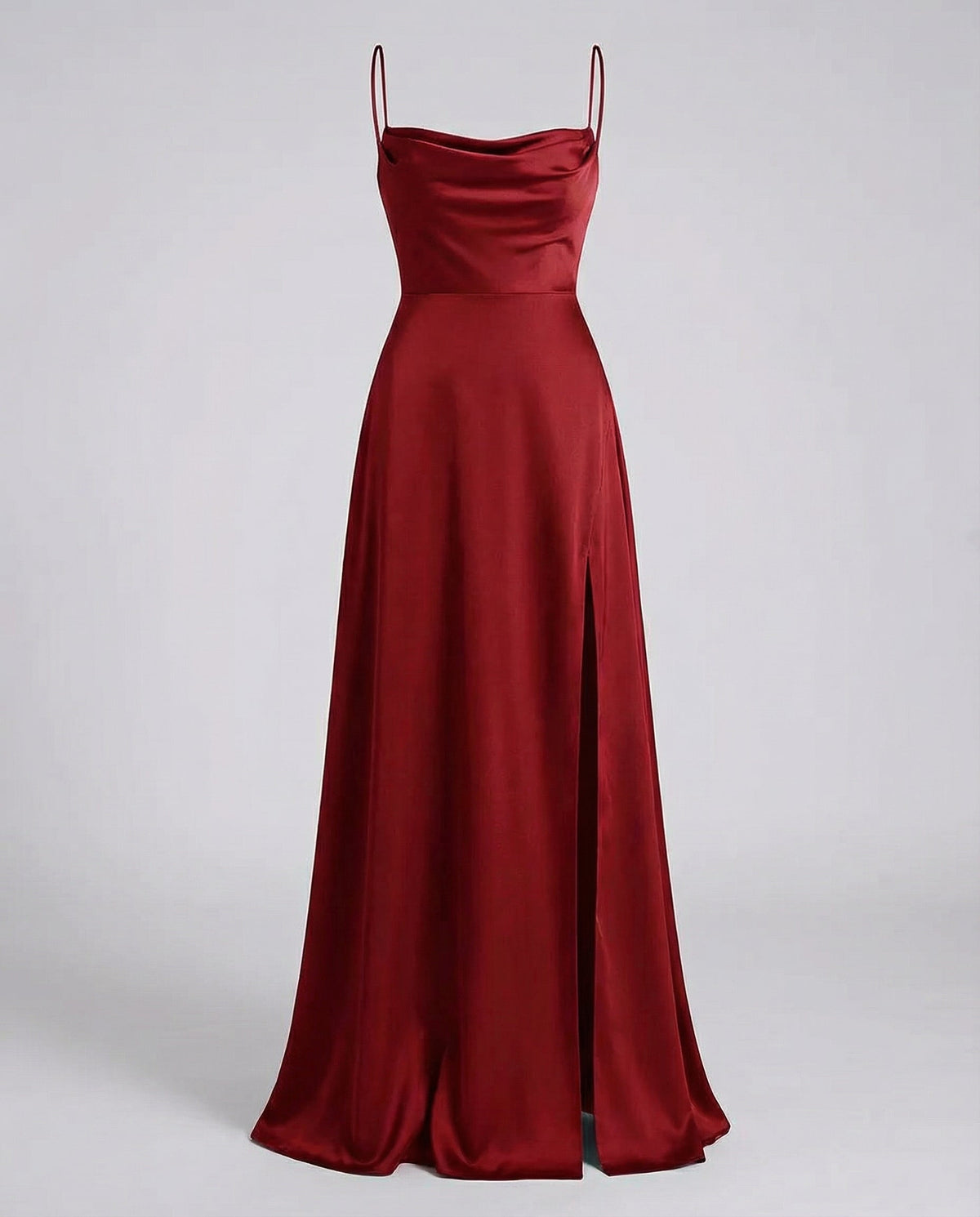 Red satin maxi dress with cowl neckline and long split hem