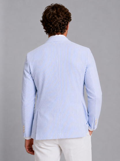 Lightweight light-blue striped blazer, back view with center back seam