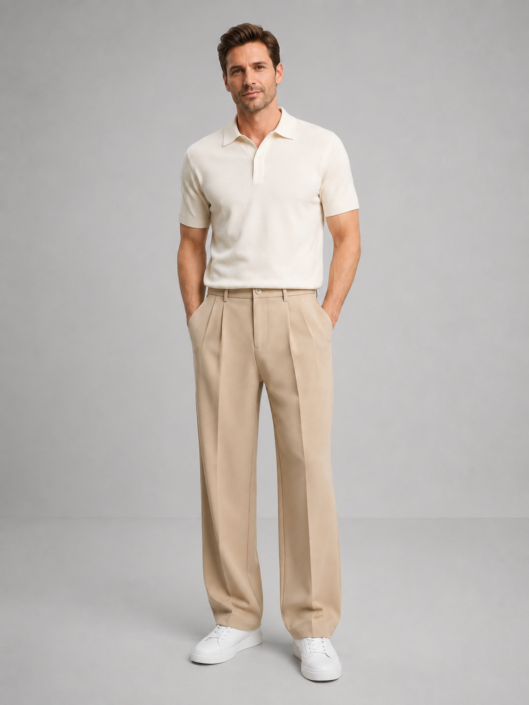 Beige tailored straight-leg trousers with belt loops and side pockets.