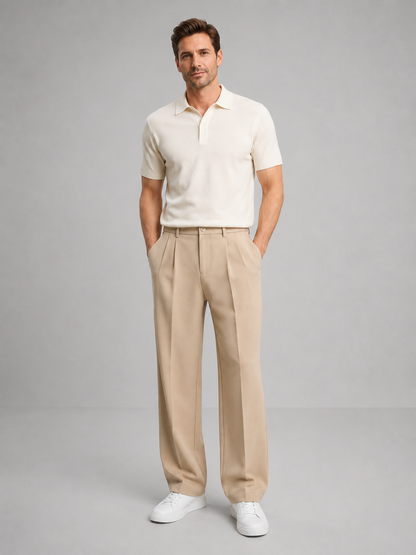 Beige tailored straight-leg trousers with belt loops and side pockets.