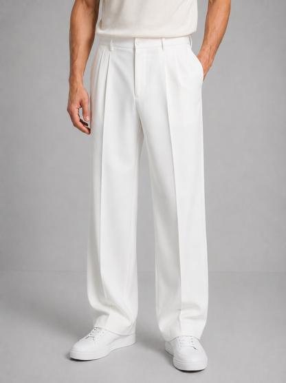 White tailored straight-leg trousers with belt loops, button waist, side pockets.