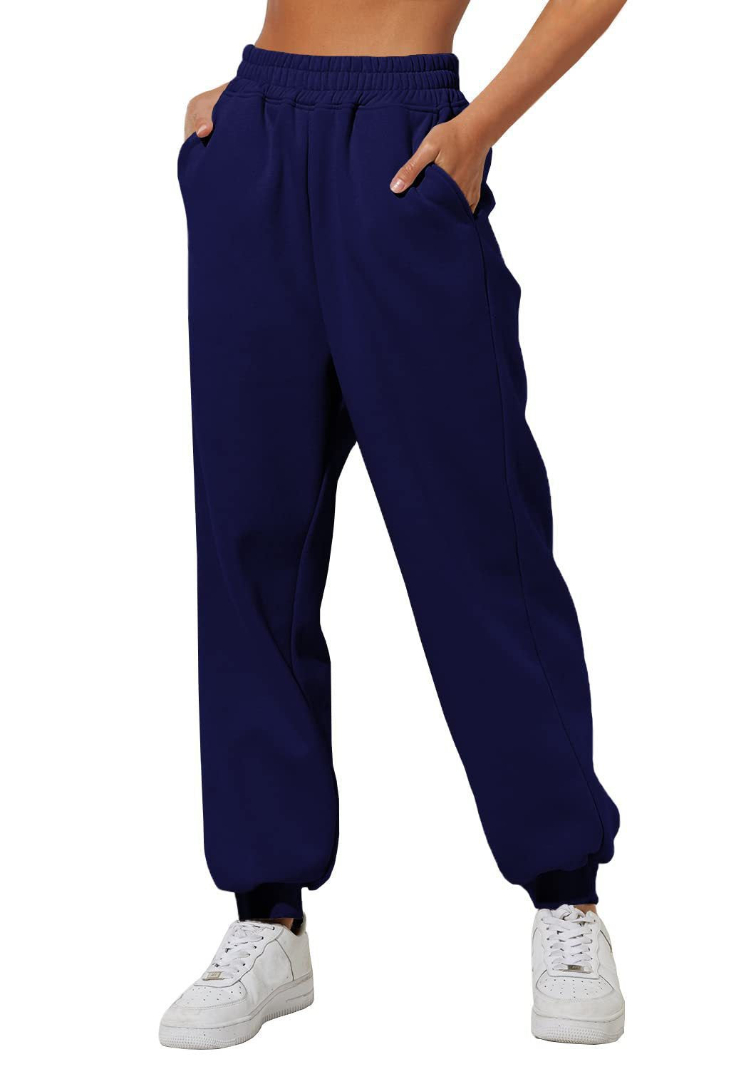 Navy blue casual sweatpants joggers with elastic waistband and cuffed ankles