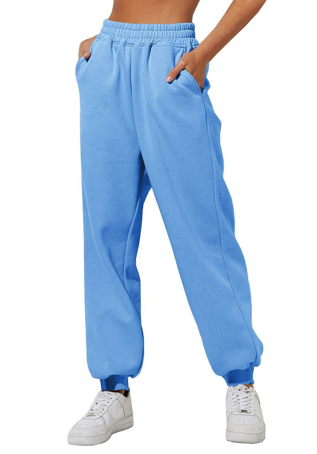 Sky blue sweatpants with elastic waistband, drawstring, and cuffed ankle hems.