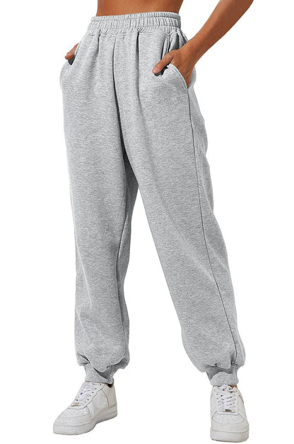 Heather gray sweatpants joggers with elastic waistband and cuffed ankle hem.