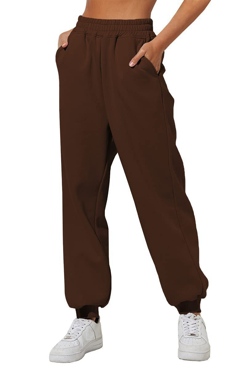 Brown sweatpants joggers with elastic waistband and cuffed ankle hem.