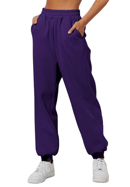 Purple casual sweatpants joggers with elastic waistband and cuffed ankles
