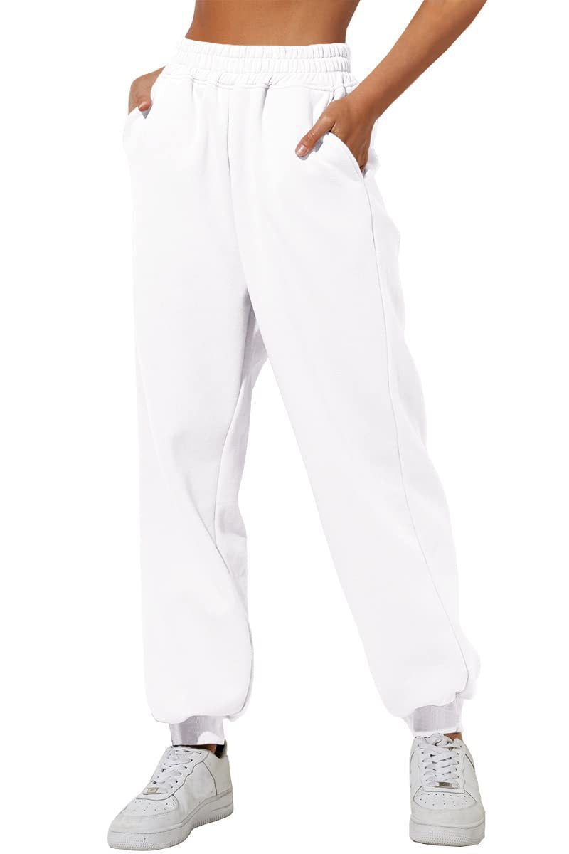 White casual sweatpants joggers with elastic waistband and cuffed ankle hems