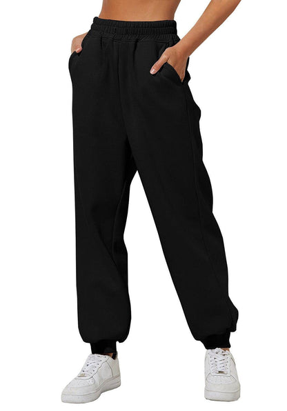 Black casual sweatpants joggers with elastic waistband and tapered cuff hem