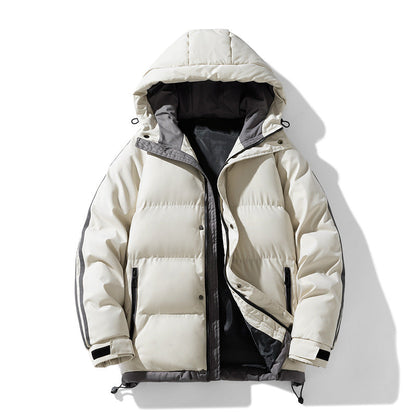 Men's quilted hooded winter jacket, off-white, hooded zip front, contrast lining and pockets
