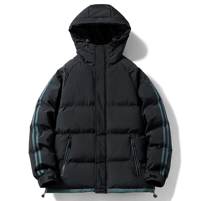 Men's quilted hooded winter jacket, black, contrast sleeve stripes, two front zip pockets