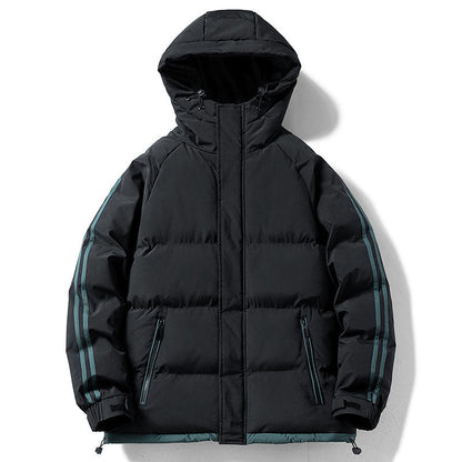 Men's quilted hooded winter jacket, black, contrast sleeve stripes, two front zip pockets