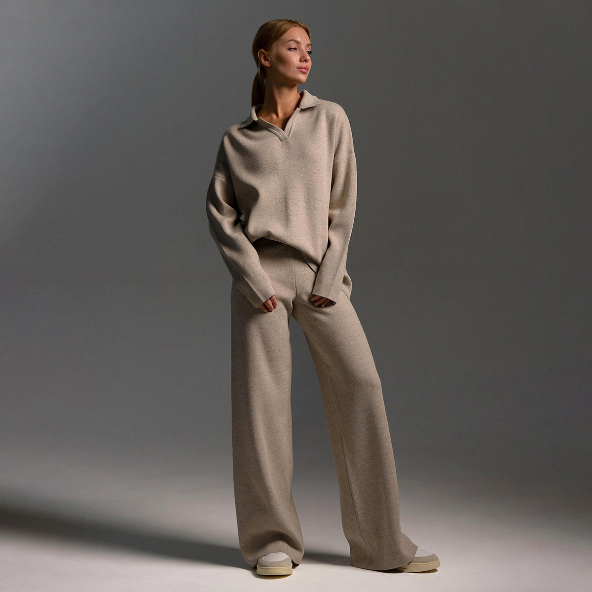 Women’s knit polo set with wide-leg trousers, taupe full-length standing view