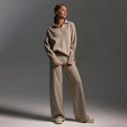 Women’s knit polo set with wide-leg trousers, taupe full-length standing view