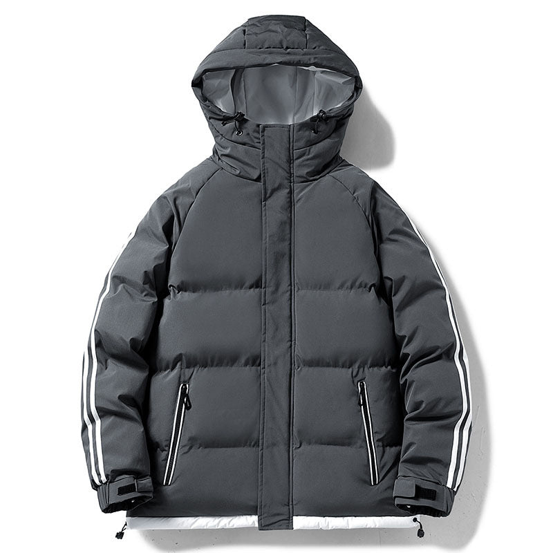 Men's quilted hooded winter jacket, dark gray, contrast sleeve stripes, zip front, side pockets