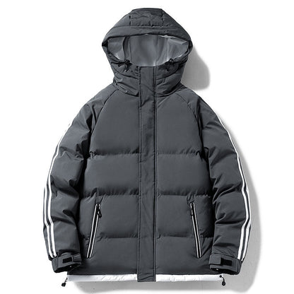Men's quilted hooded winter jacket, dark gray, contrast sleeve stripes, zip front, side pockets