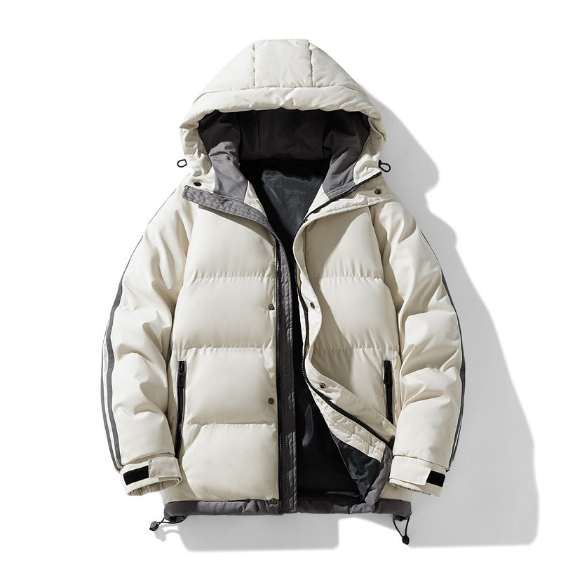 Men's quilted hooded winter jacket, off-white, contrast lining, zip front with snap placket