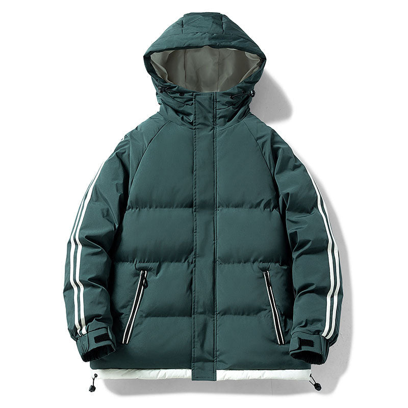Men's quilted hooded winter jacket, green, zip front with hood, striped sleeves and side vents