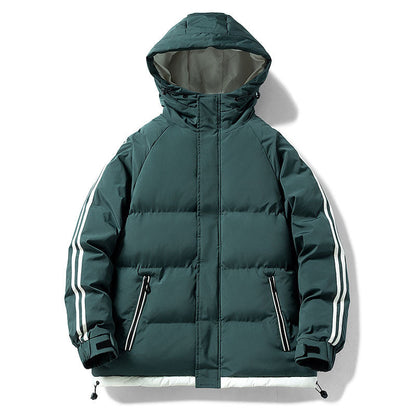 Men's quilted hooded winter jacket, green, zip front with hood, striped sleeves and side vents