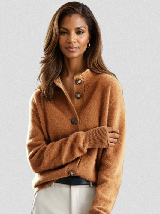 Caramel button cardigan with ribbed cuffs and long sleeves